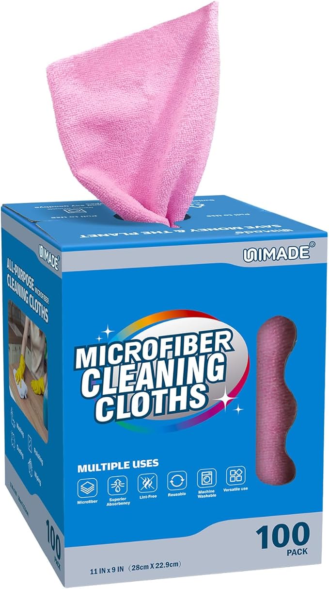 Microfiber Cleaning Cloth 100 Sheets Microfiber Towels for Cars Commercial Grade Shop Towel Washcloths Lint-Free Bulk Cleaning Rags for Mechanic Restaurant Garage Housekeeping 11x 9 Pink