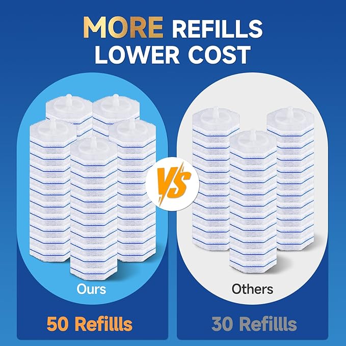 50 Count Toilet Wand Refills Compatible for Clorox 5X Cleaning Power Toilet Bowl Cleaners &amp High-Density Disposable Toilet Brush Scrubber - No Falling Apart Instant Foam Cleaning