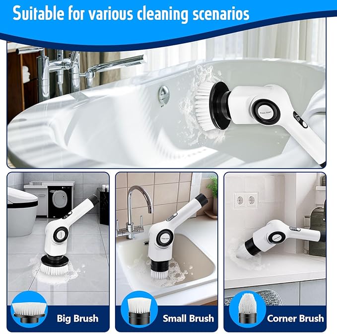 Electric Spin ScrubberCordless Cleaning Brush with 8 Replaceable Brush Heads360°Power Scrubber for Tub and Floor Tilewith 3 Adjustable Speed &amp Rotatable &amp Detachable Handle for Bathroom Kit