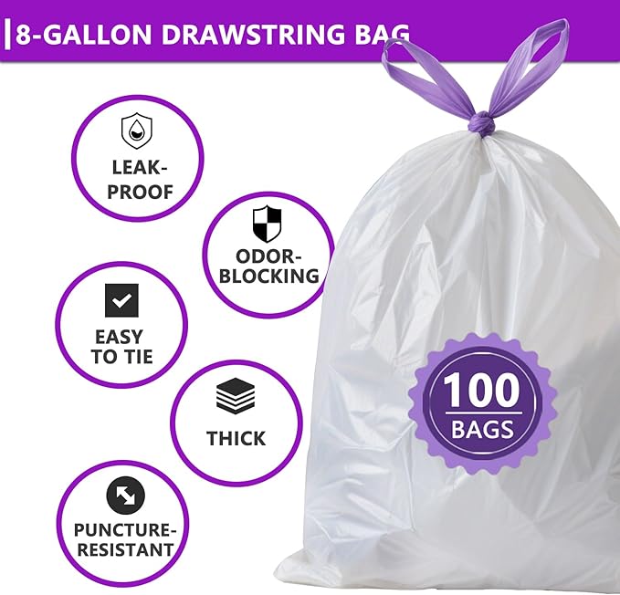 8 Gallon White Trash Bags with Lavender Scent 100 Count 6-8 Gallon Cans Odor Control &amp Tear Resistant for Kitchen Bathroom Office Waste
