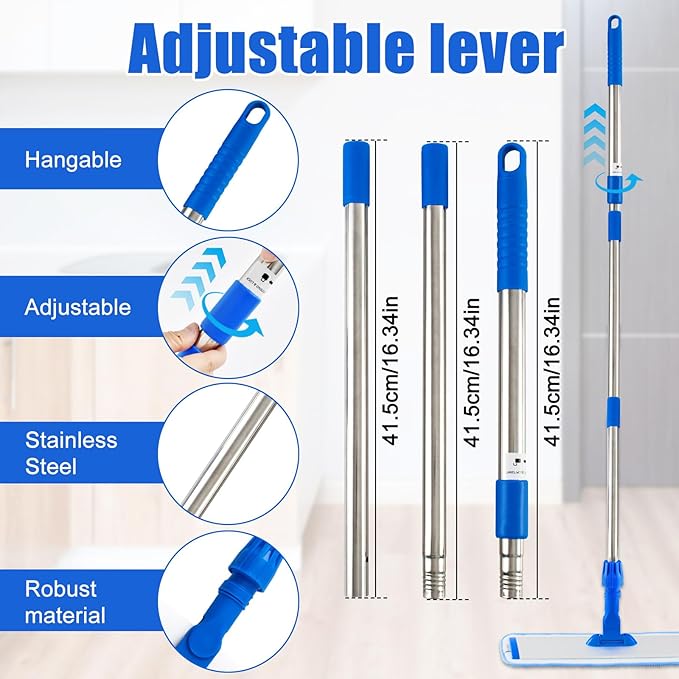 Flat Mop with Stainless Steel Handle Handle Adjustable 3 Sections Splice Microfiber Mop Floor Cleaning 4 Pieces Mops Cloth Wet &amp Dry Pads Wet and Dust Mopping