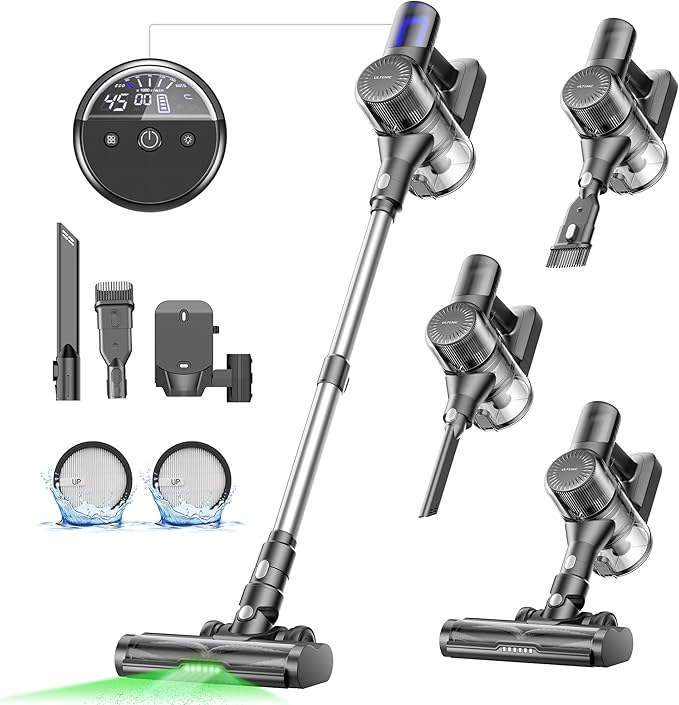 Ultenic Cordless Vacuum Cleaner 550W 50Kpa Stick Vacuum with Car Dashboard Screen Tangle-Free Brush for Pet Hair Max 45mins Runtime LED Display Tools for Hard Floor Carpet Car Cleaning U12