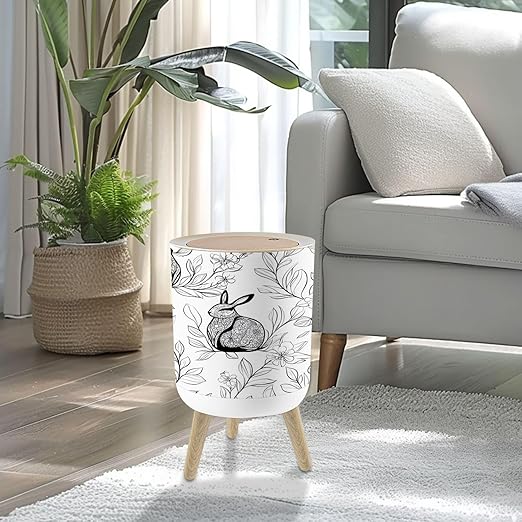 Small Trash Can with Lid Seamless Doodle Rabbit Eucalyptus leaves white New year Chinese zodiac 1.8 Gallon/7L Garbage Can Waste Bin with Pop-Up Lid Wood Legs Wastebasket for Bathroom Kitchen Bedroom