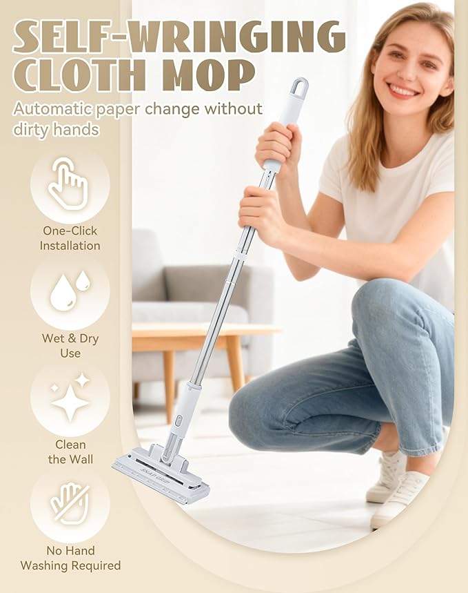 Mini Mop - Instant Touch-Free Cloth Change 39' Convenient Cloth Changing Mini Mop with Locking Head Lazy Zero Touch Mini Mops Wet and Dry for Kitchen House (10.2 * 48.4in 3 Cloths)