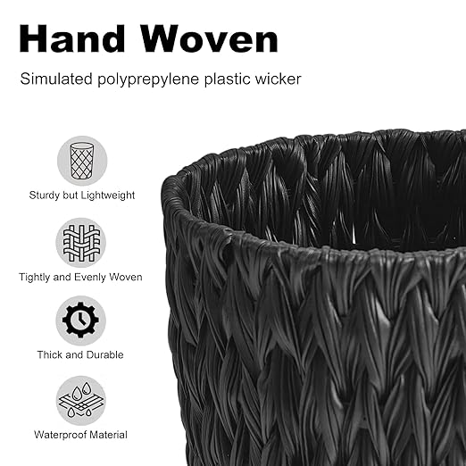 Wicker Trash CanSmall Trash CanHandwoven Waterproof Wicker Trash BasketRound Garbage CanCompact Waste Basket for BathroomBedroomOffice2 Gallon Black