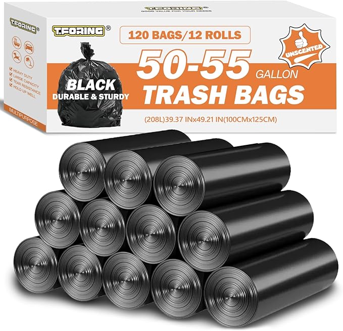 50-55 Gallon Black Trash Bags 120 Count - 40''x50'' Extra Large 50+ Gallon Garbage BagsUnscented Strong Huge Can Liners for Construction Industrial Yard Outdoor Commercial