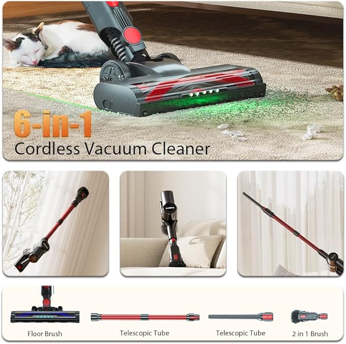 Cordless Vacuum Cleaner Home Lightweight Cleaner with LED Display 3 Modes 6 in 1 Stick Vacuum House Rechargeable of 45Min Detachable Battery Self-Standing Cleaner Floor Carpet Pet Hair