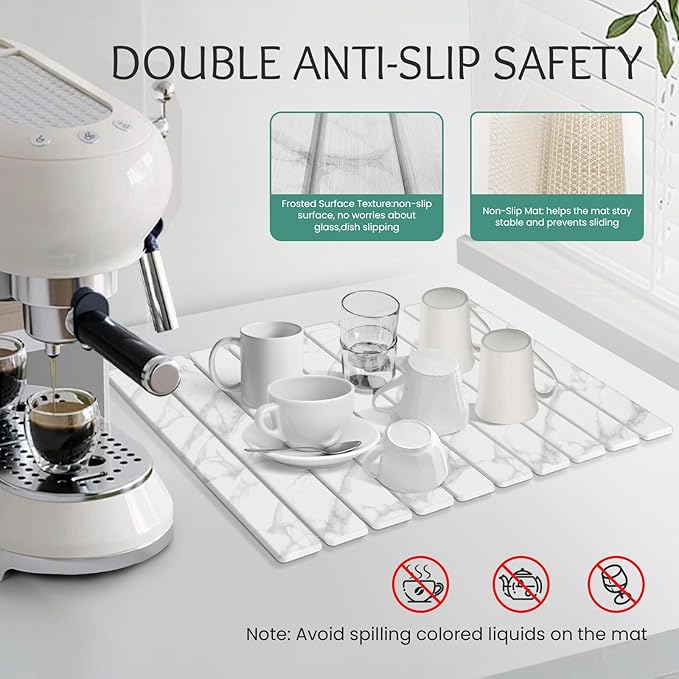Stone Dish Drying Mat Collapsible Diatomaceous Earth Absorbent Mat Quick Dish Drying Pad Dish Rack Pad Match Any Counterto Multiple Usage for KitchenBathroom (White Marble Pattern 24L x 16W)