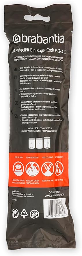 Brabantia PerfectFit Trash Bags (Size V / 0.8 Gallon) High Quality Thick Plastic Trash Can Liners with Tie Tape Drawstring Handles (20 Bags)