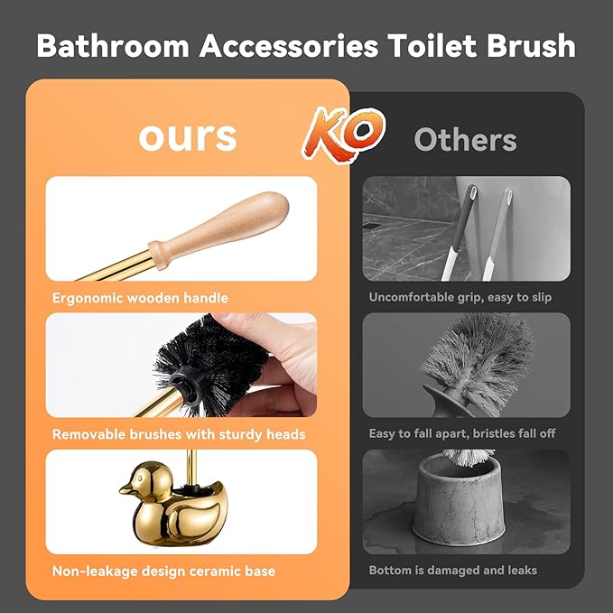 Gold Duck Toilet Brush and Holder SetNon-Slip Handle Toilet Bowl Brush with Wooden &amp Stainless SteelHandle Practical Bathroom Accessories Cleaning Tools Set