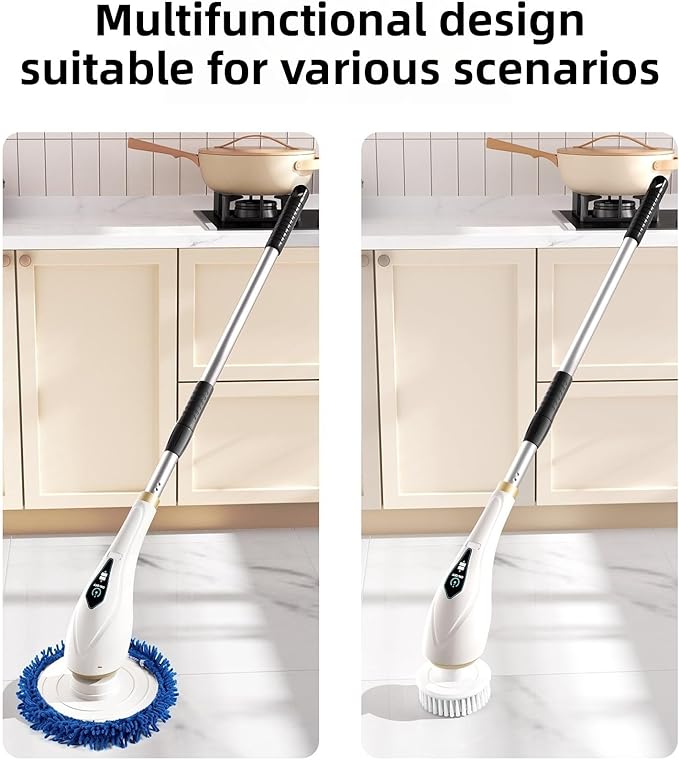 Cordless Electric Spin Scrubber with 2/6/8 Heads for Elderly 59 Extendable Handle 2 Speeds 480RPM 4000mAh Battery IPX7 Waterproof for Bathroom Shower Tile Floor Kitchen (6 Heads)