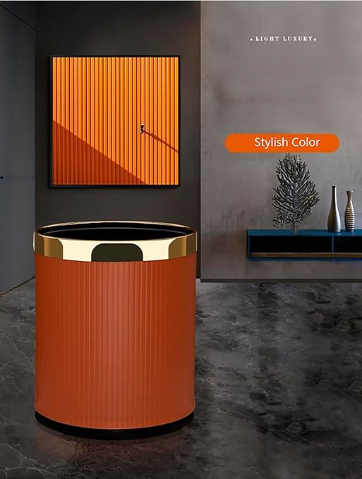 Luxury Metal Waste Bin 10L Open Top Double Layer Trash Can Floor Standing with Faux Leather Covered - Waste basket Dust Bins for Kitchen Bathroom Hotel Office (Rose Gold)