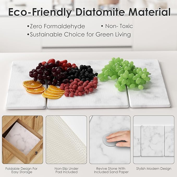 3 PCS Large Stone Dish Drying Mat for Kitchen Counter -24x16 Absorbent Diatomaceous Earth Mat with Stone Faucet Mat &amp Soap Tray - Quick Dry Collapsible Non-Slip Countertop Organizer