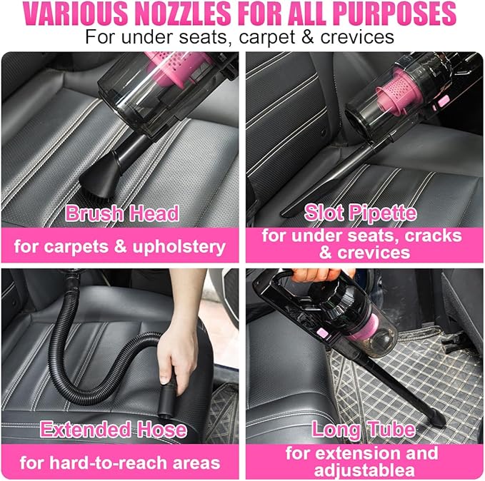 Viewsun Car Vacuum Cordless Rechargeable 8000PA High Power Handheld Vacuum Cleaner with 17PCS Car Cleaning Kit Pink Auto Accessories for Women Gift