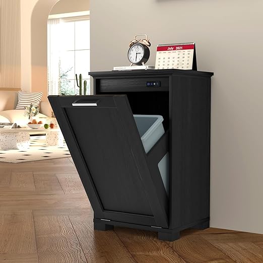 Tilt Out Trash Can Cabinet 10 Gallons Trash Cabinet with Deodorising Function Wooden Freestanding Garbage Can for Home and Kitchen Hidden Laundry Hamper Black