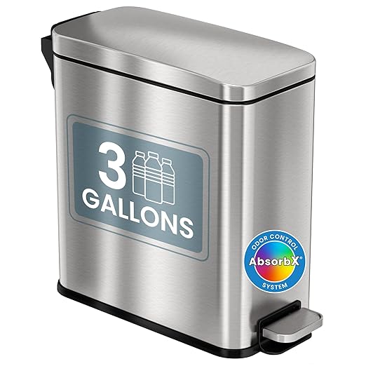 iTouchless SoftStep 3 Gallon Bathroom Slim Step Trash Can with Odor Control System &amp Removable Inner Bucket Fingerprint-Proof Stainless Steel Wastebasket for Bathroom Office and Tight Spaces