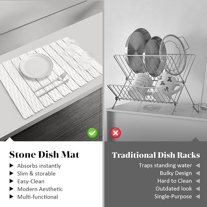 Stone Dish Drying Mats for Kitchen Counter 24(L)×16(W) Wave - Pattern Fast Drying Collapsible Dish Drying Mat Eco-Friendly Absorbent Diatomaceous Earth Mats for Match Any Countertop