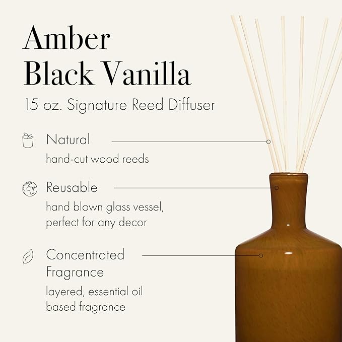 LAFCO New York Signature Reed Diffuser Amber Black Vanilla - 15 oz - Up to 9 Months Fragrance Life - Reusable Hand Blown Glass Vessel - Natural Wood Reeds - Made in The USA