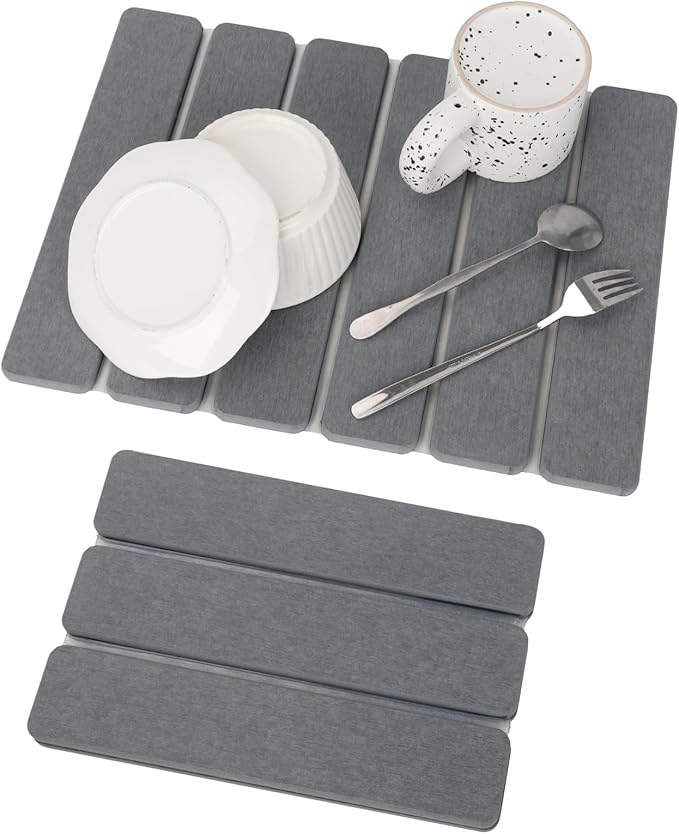 Stone Dish Drying Mat for Kitchen Counter Eco-friendly Instant Drying PadDiatomaceous Earth Water Absorbing Mat Foldable and Super Absorbent Dish Drying Stone Mat 16×12 Dark Gray