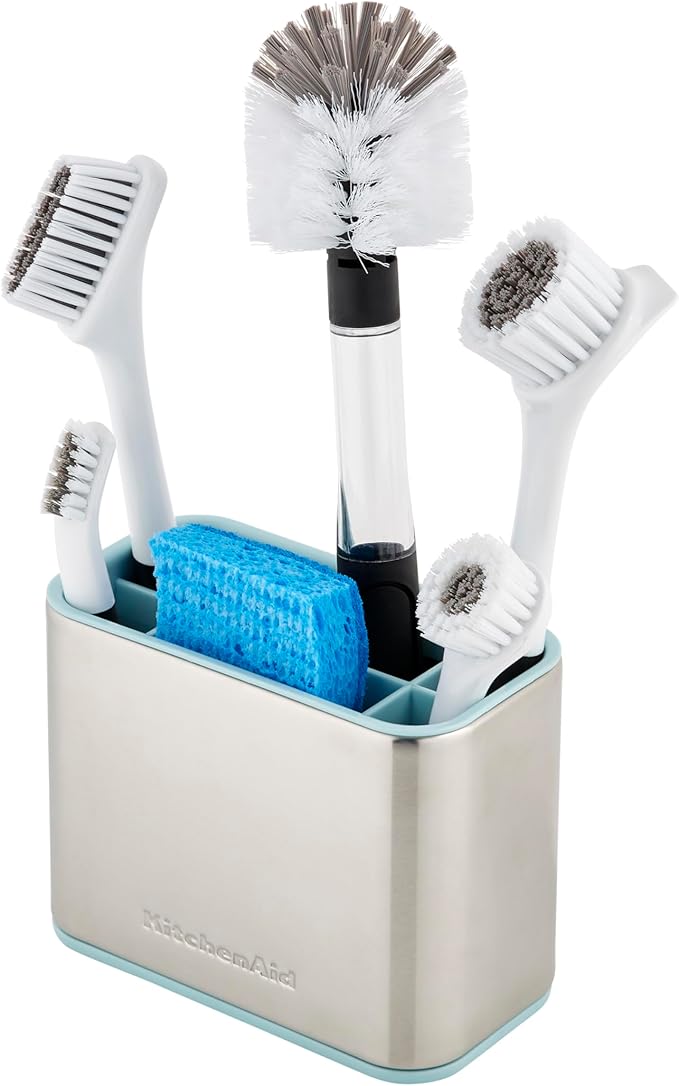KitchenAid Multi Compartment Sink Brush and Sponge Caddy with Perforation for Quick Air Drying 3.25 x 4.78 x 6.25 Inch Mineral Water