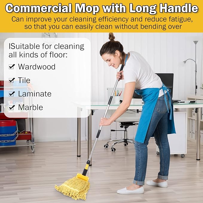 Gejoy 2 Sets Looped End Commercial Mop Heavy Duty Industrial Mop with 4 Mop Replacement Heads Stainless Steel Pole Iron Clamp Cotton Mops for Floor Cleaning Dust Wood Floor Kitchen Blue Yellow