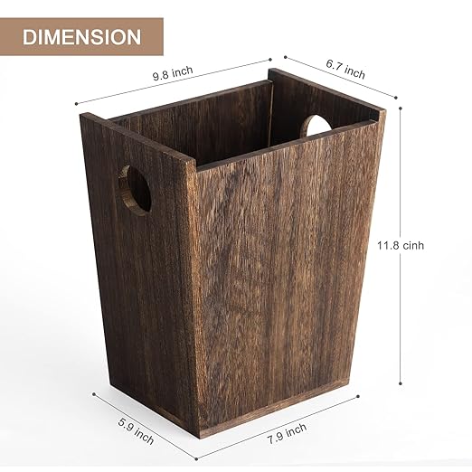 Wood Trash Can Wastebasket Small Rectangular Farmhouse Rustic Garbage Bin with Handles for Bedroom Bathroom Kitchen Office Brown