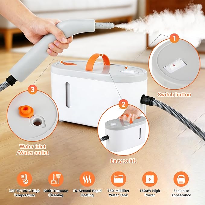 Steam Cleaner for Home - Portable Handheld Steamer for Cleaning With 15s Heat-UP 0.78 Quarts Tank9 Accessories - Clean GreaseAutomotive wheels and interior trimGrout Tile Floor Couch Carpets