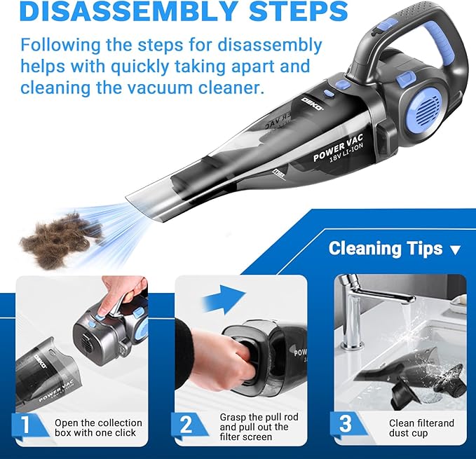 DEKOPRO 22V Upgraded Handheld Vacuum – Cordless &amp Rechargeable Car Vacuum Cleaner with LED Light Strong Suction Mini Vacuum for Pet Hair &amp Dust Includes Multi Nozzles for Wet/Dry Cleaning