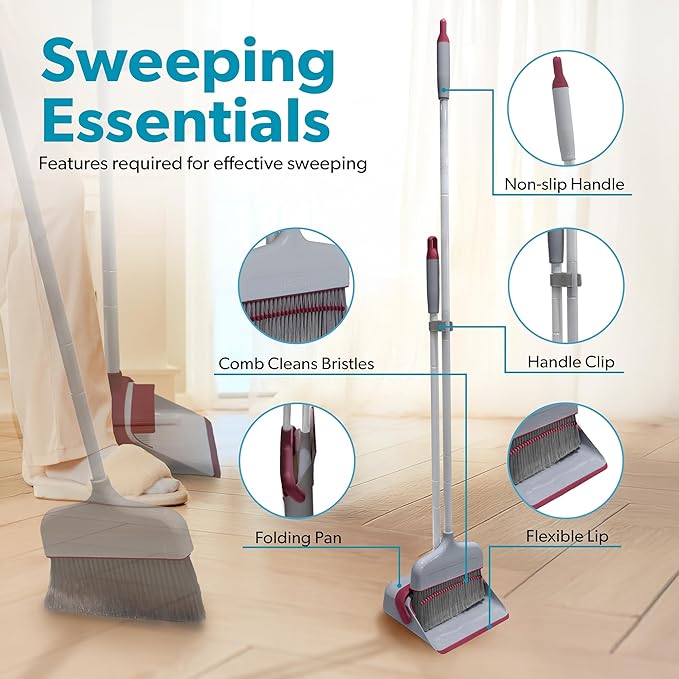 BLACK+DECKER Butler Broom &amp Dustpan Set - Stand-Up Design - Lightweight Space-Saving Combo for Kitchen Living Room Bathroom Lobby Floors - Home Cleaning Essential Light Gray/Burgundy