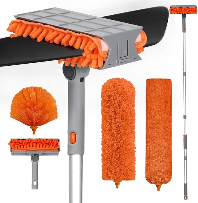 Ceiling Fan Cleaner Duster with 72‘’ Extendable Long Handle Cleaning Duster Kit Reusable Chenille &amp Microfiber Mop Head for High Ceiling Fan Blade Wall Blinds Cobweb
