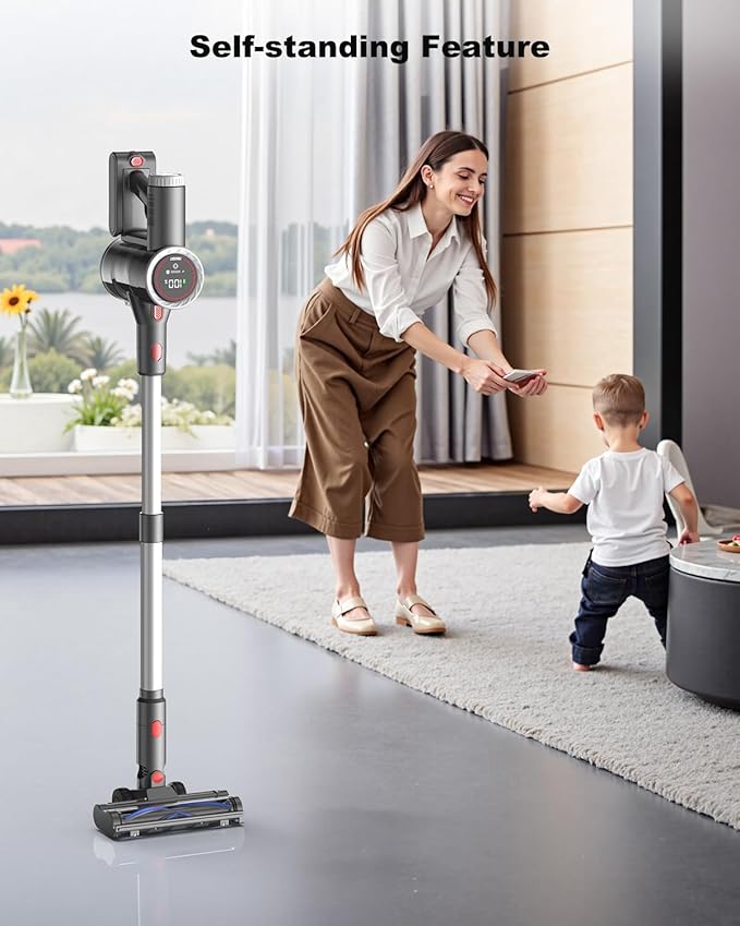 Cordless Vacuum Cleaner Stick Vacuum Rechargeable 550W 45KPA Powerful Suction Lightweight Vacuum Cleaners for Home Anti-Tangle Self Standing for Pet Hair Hardwood Floor Carpet - Sliver