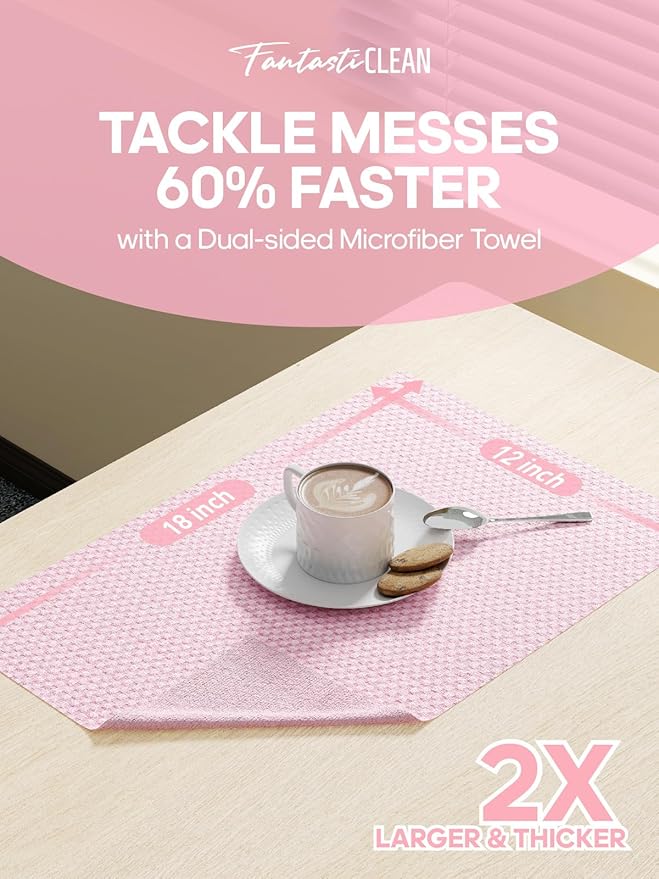 Fantasticlean Large Tear-Away Microfiber Cleaning Cloth Roll - 18'' by 12'' 36 Sheets Thick Dish Cloths Super Absorbent Reusable Kitchen Towels (Pink)