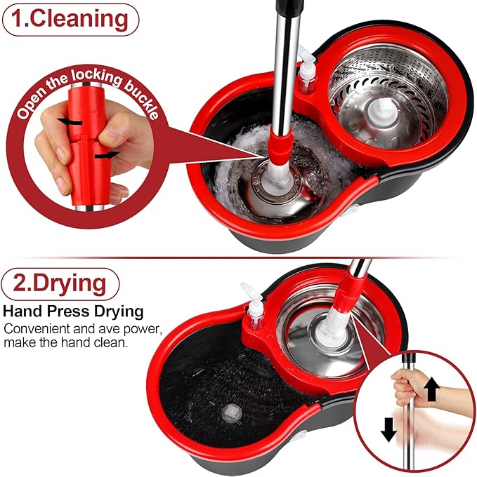 Spin Mop and Bucket with Wringer Set 360° Spinning Mop Bucket System with 3 Microfiber Mop Replacement Heads and 61 Stainless Steel Adjustable Handle for Floor Cleaning (20QT)
