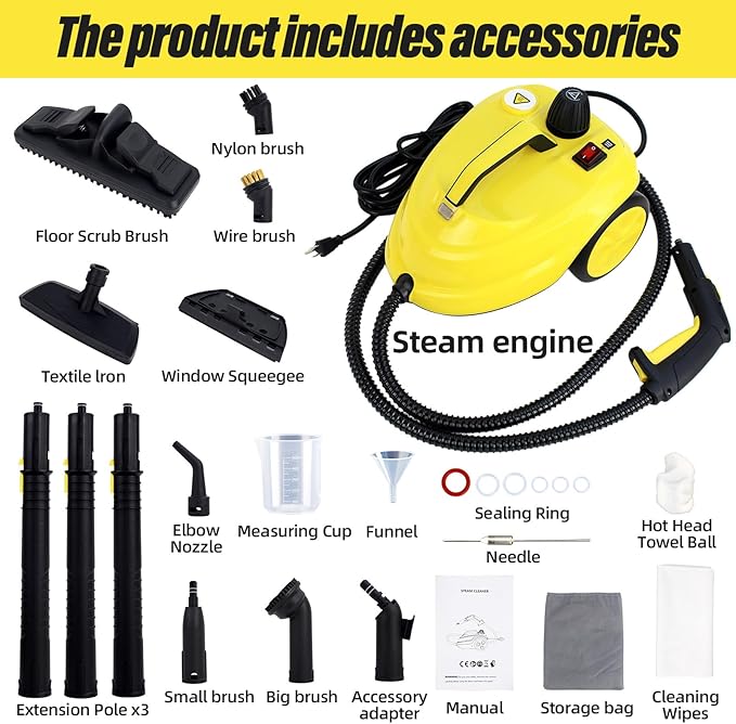 Rolling Steam Cleaner for Floors &amp Cars 1800W Portable Steam Cleaner with 2.0L Tank &amp 5m CordMulti-Scenario Cleaner for Home Car Kitchen Bathroom Tile Grout Carpet
