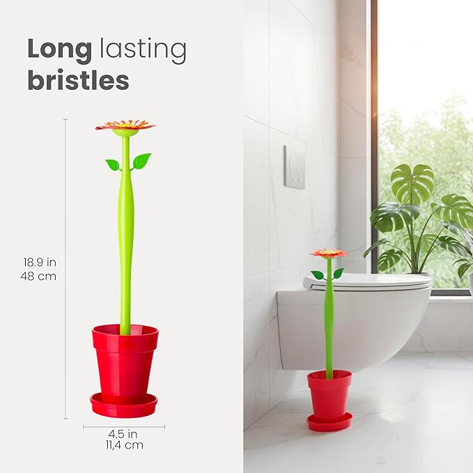Vigar Flower Power Toilet Brush and Holder Set Toilet Bowl Cleaner with Daisy-Shaped Handle Flowerpot Base and Saucer for House and Bathroom Red