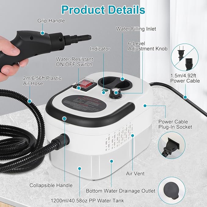 Handheld Steam Cleaner 1.2L Tank &amp 2500W 15-Second Fast Heat for Multi-Surface Cleaning: Kitchen Grease Bathroom Grime Auto Detailing