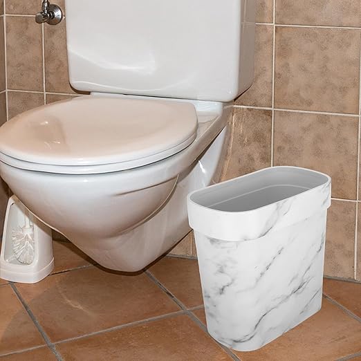 Marble Pattern Narrow Trash Can Featuring Fixed Ring Design Oval Plastic Wastebasket for Bathroom Kitchen Bedroom Lidless Modern Rubbish Bin for Home and Hospitality Use