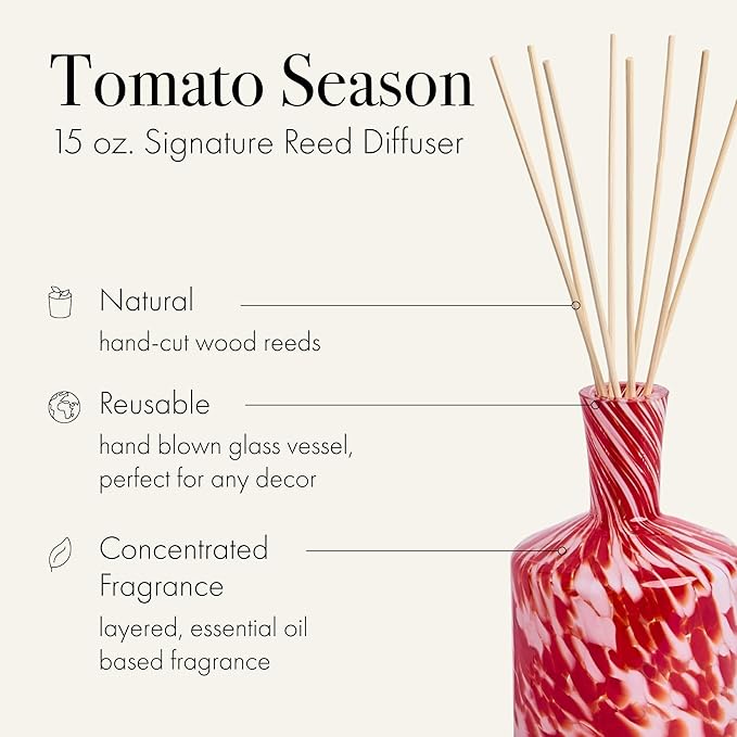 LAFCO New York Signature Reed Diffuser Tomato Season - 15 oz - Up to 9 Months Fragrance Life - Reusable Hand Blown Glass Vessel - Natural Wood Reeds - Made in The USA
