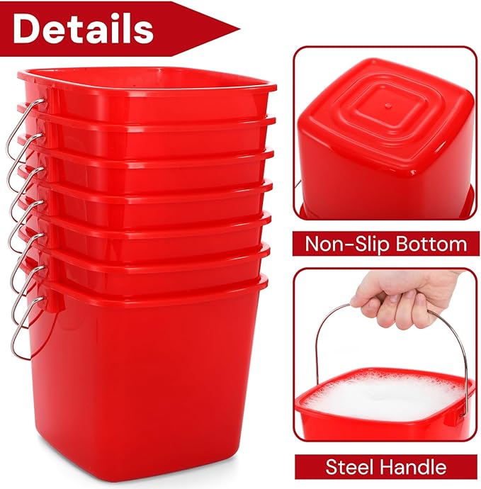 SOUJOY 7 Pack 3 Quart Cleaning Bucket Plastic Small Sanitizing Bucket with Handle Multi-Purpose Mini Square Pails for Kitchen School Offices Household and Commercial Use Red