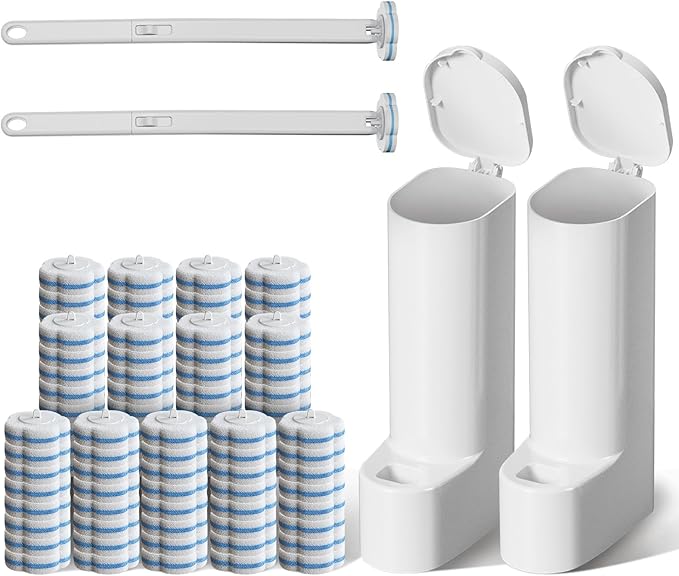 Disposable Toilet Brush Cleaning System 2pcs Wands with 104pcs Replacement Heads Stick for Toilet CleaningWands with Refills Pads Wall Mounted Toliet Wand for Bathroom Toilet Brush and Holder Set