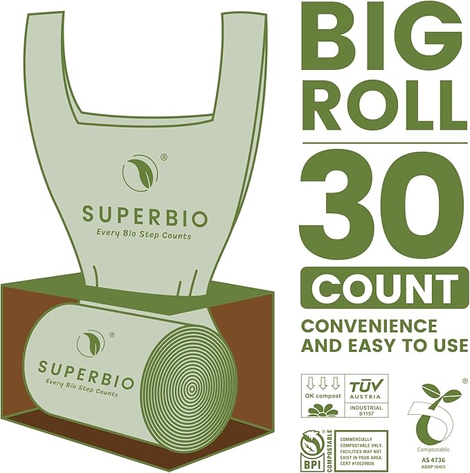 SUPERBIO 13 Gallon Compostable Kitchen Waste Bags with Handles Food Scrap Bags Certified by BPI OK compost INDUSTRIAL 30 Count 49.2L