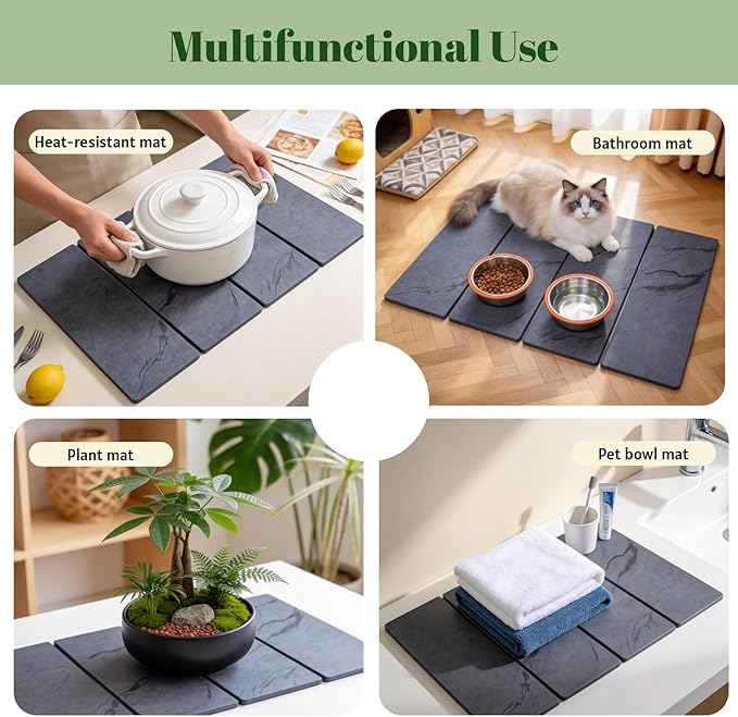 2 PCS Large Stone Dish Drying Mat for Kitchen Counter Diatomaceous Earth Quick Dry Foldable Dish Drying Pad with Anti Slip Mesh Mats(16x24in 4x8in grey)