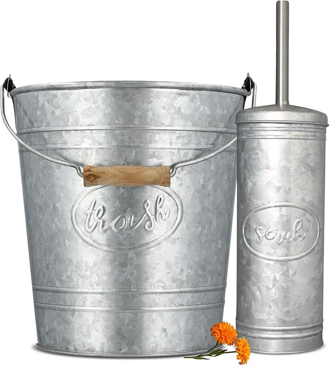 Autumn Alley Rustic Farmhouse Bathroom Trash Can and Toilet Brush Set - Rustic Bathroom Accessories for Charming Galvanized Bathroom Décor Galvanized Grey 2 Gal. Capacity