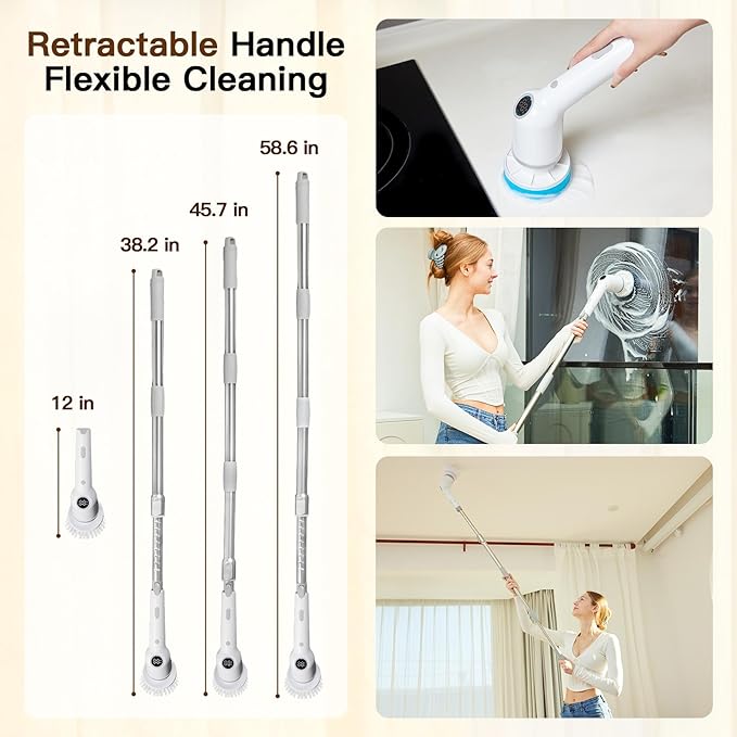 Electric Spin Scrubber: Cordless Shower Scrubber with 8 Replaceable Brush Heads- 3 Adjustable Speeds- Adjustable Extension Handles- Power Cleaning Brush for Bathroom- Floor- Tile