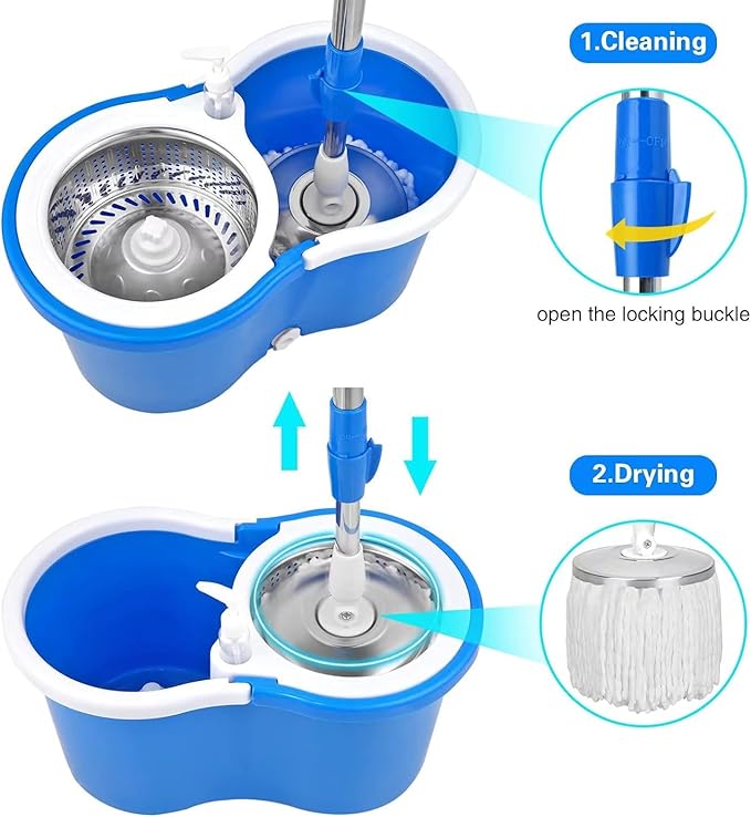 Spin Mop and Bucket with Wringer Set 360° Spin Mop &amp Bucket Floor Cleaning System Mop Bucket with 61 Adjustable Extended Handle 3 Replacement Microfiber Refills Set of 2