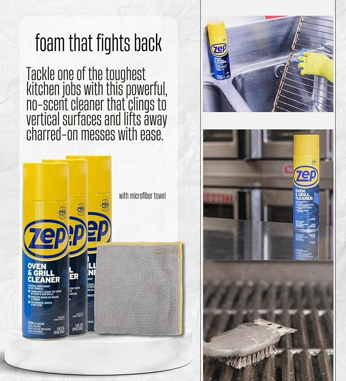 Zep No Scent Oven and Grill Cleaner 19 oz (3-Pack) Bundle with Microfiber Cleaning Cloth – Thick Foam Formula for Deep Grease and Grime Removal – Gift Set (4 Items).