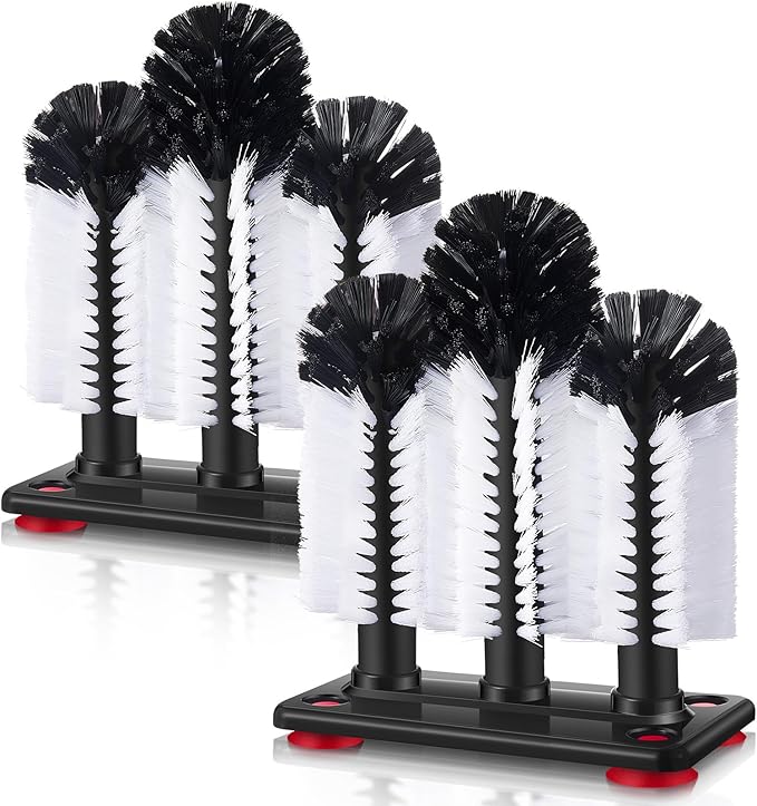Havawish 2 Pack Water Bottle Cleaning Brush with Suction Base 3 Head Bristle Bar Glass Washer for Sink Cup Washer Brush Cleaner for Bar Beer Cup Wine Glass Long Leg Cup Kitchen Tools