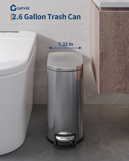GarveeHome 2.6 Gallon Bathroom Trash Can Space-Saving Slim Stainless Steel Step-On Garbage Bin with Soft Close Lid Removable Inner Bucket for Bathroom &amp Bedroom Silver