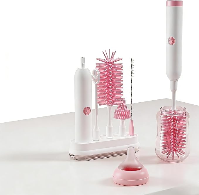 Rechargeable Electric Bottle Brush with Stand - 360° Spin Silicone Cleaner for Baby Bottles Breast Pumps &amp Small Household Containers (Pink)