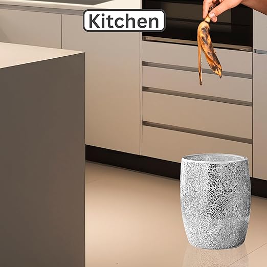 Escenzy Modern Bathroom Trash Can Silver Mosaic Glass 5L | 7 x 10 | Luxury Waste Basket for Restroom Bedroom Office &amp Kitchen | Decorative Small Garbage Can | Silver Glitter Bathroom Accessori
